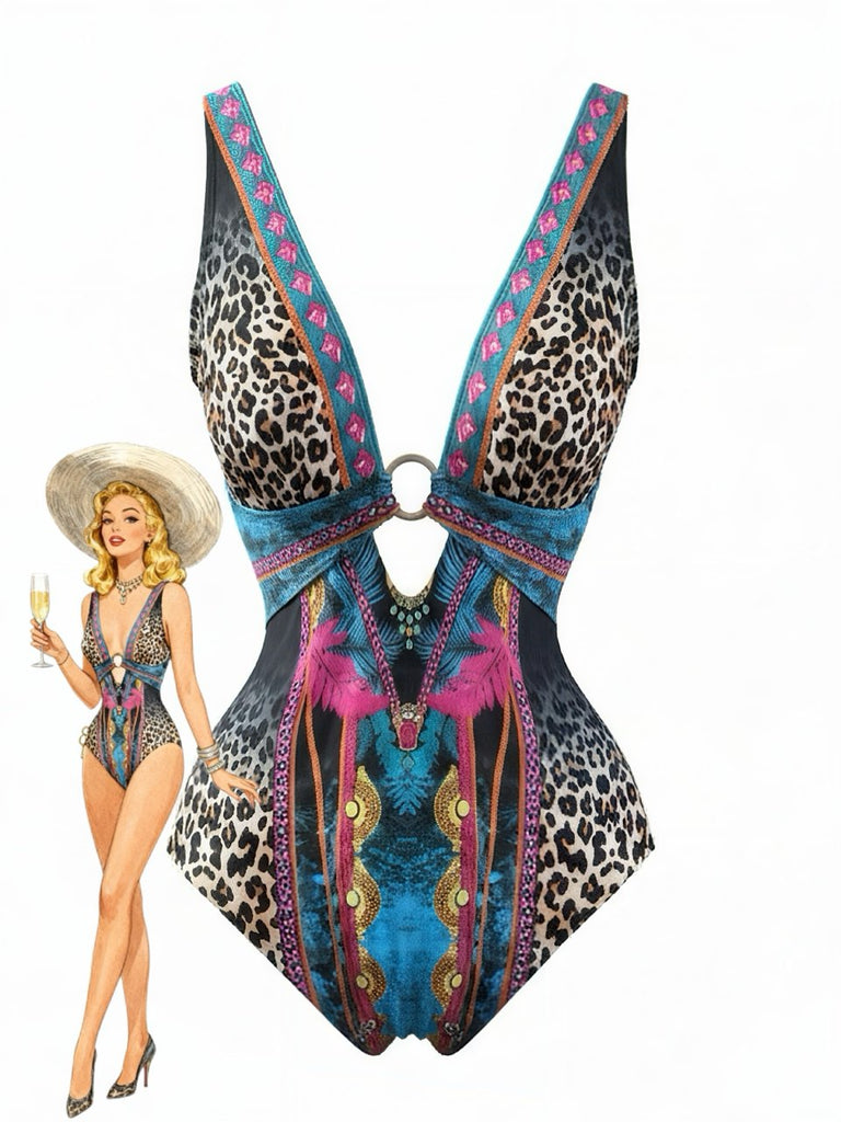 Maillot de Bain 1 Pièce Col V Profond Léopard Années 80