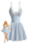 Robe de bain bleue rayures et broderies florales et de fraises années 80