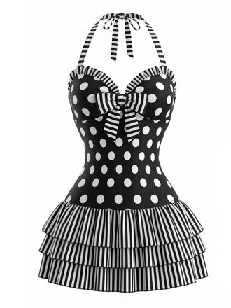 [Prévente] Maillot de Bain à Jupe Une Pièce Halter à Pois avec Nœud Noir Années 1940