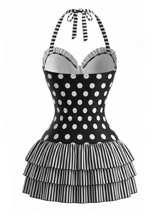 [Prévente] Maillot de Bain à Jupe Une Pièce Halter à Pois avec Nœud Noir Années 1940 2