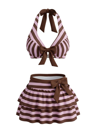 Ensemble bikini violet rayé dos nu nœud et volants années 1950