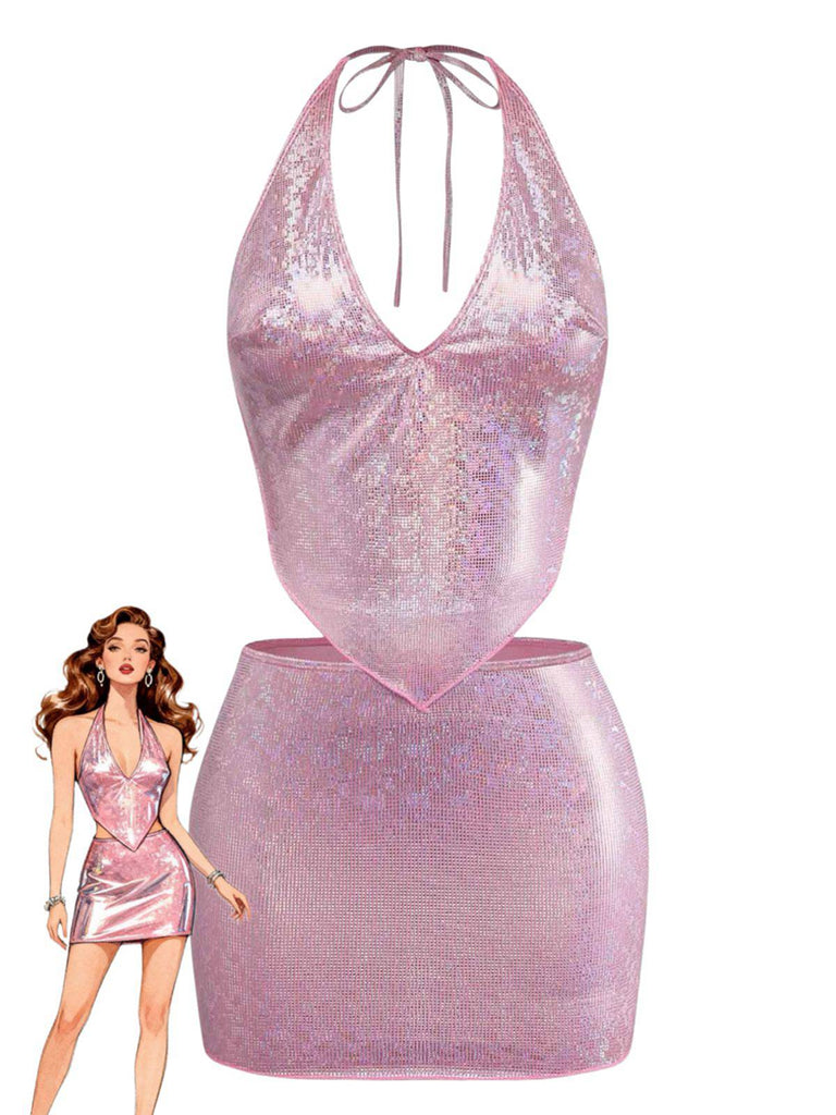 Bikini Sequin Métallisé et Cache-Maillot Rose Années 60