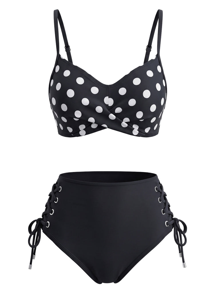 Ensemble Bikini à Pois Lacé Taille Haute Noir Années 1950