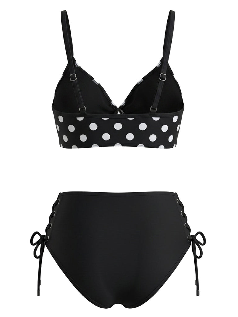 Ensemble Bikini à Pois Lacé Taille Haute Noir Années 1950 4