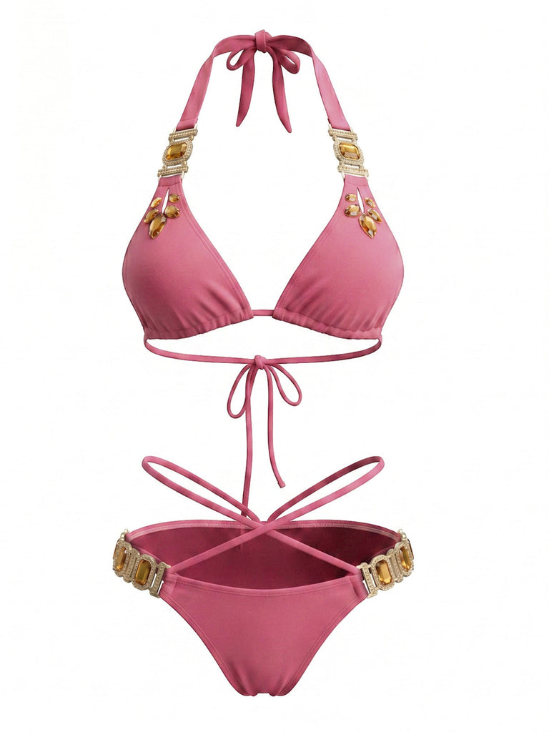 Ensemble Bikini Halter Taille Haute Bleu Années 1980 10