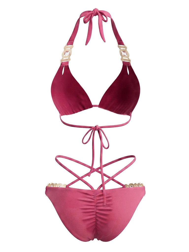Ensemble Bikini Halter Taille Haute Bleu Années 1980 11