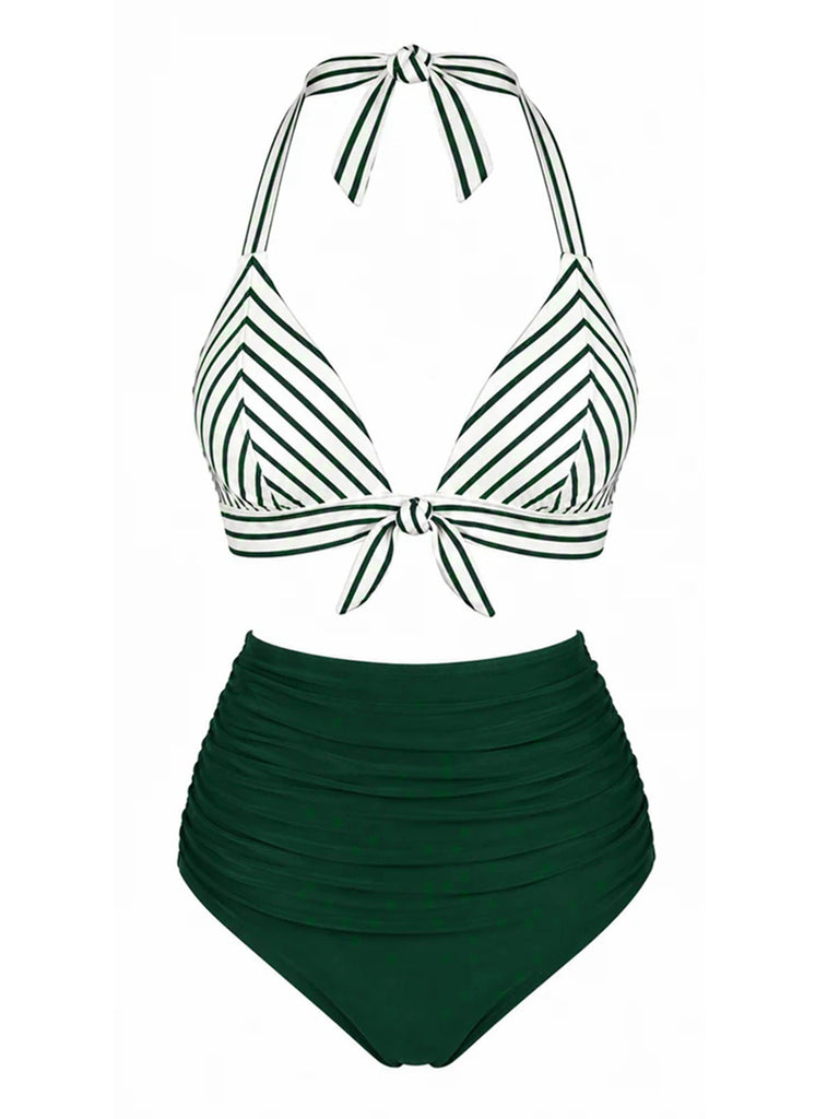Bikini Rayé Col Licou Froncé Vert Années 1950