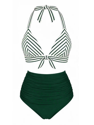 [Prévente] Bikini Rayé Col Licou Froncé Vert Années 1950