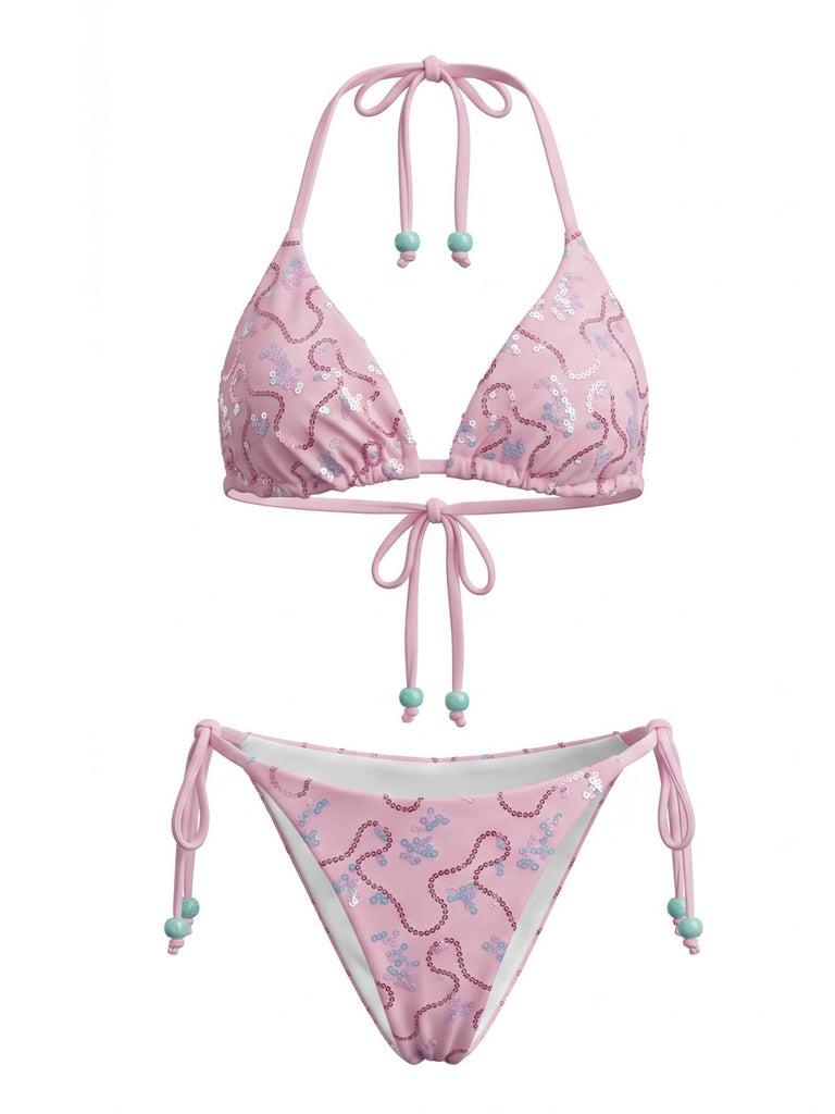 Ensemble Bikini Halter Lacé à Sequins et Perles Années 80