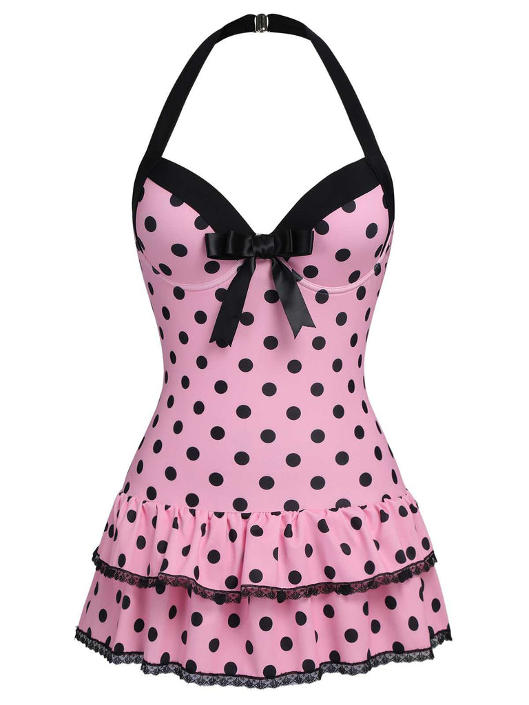 Maillot de bain une pièce bleu à pois et nœud des années 1940