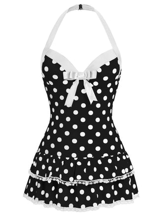 Maillot de bain une pièce noir à pois et nœud des années 1940