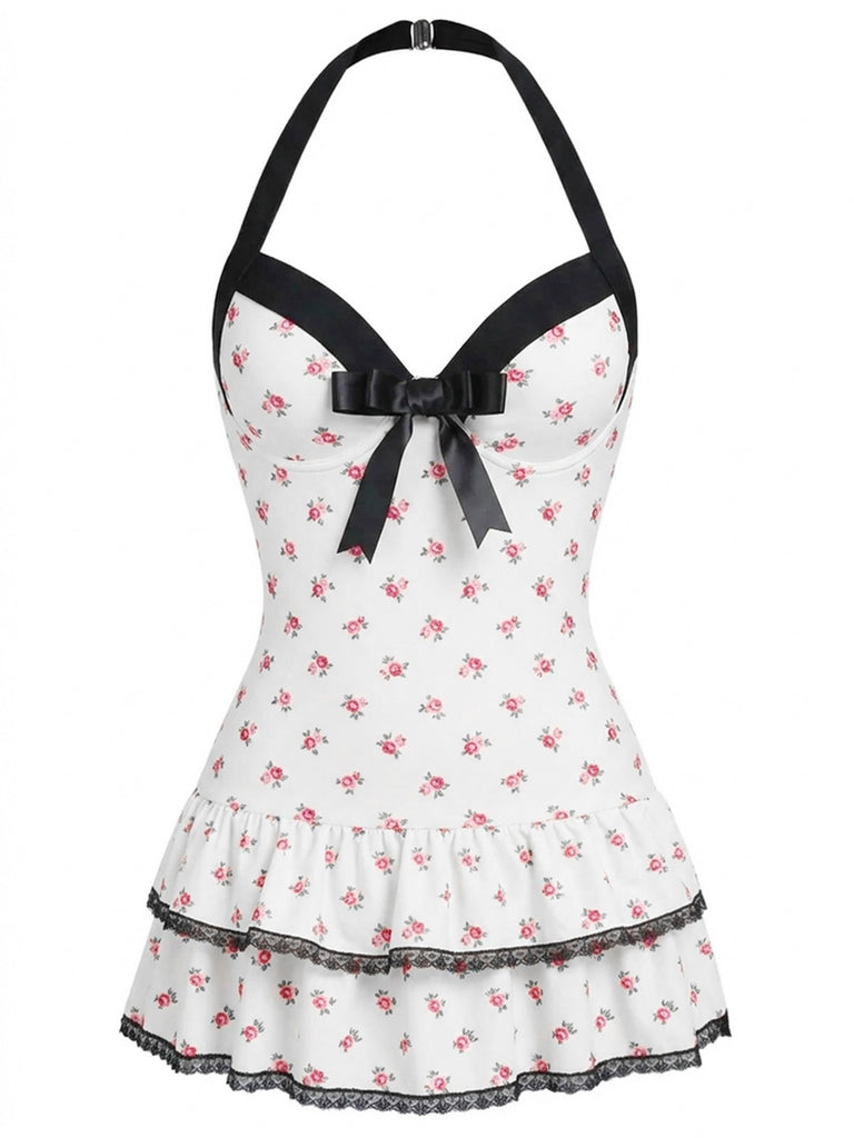 Maillot de bain une pièce Beige à pois et nœud des années 1940