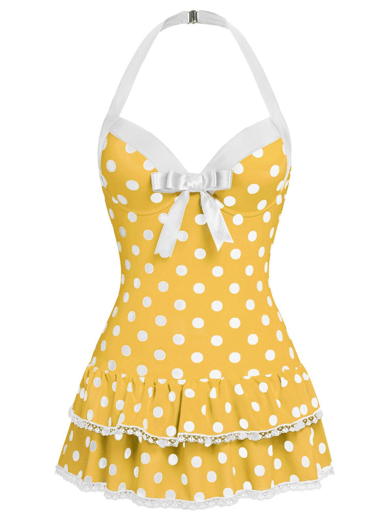 Maillot de bain une pièce bleu à pois et nœud des années 1940