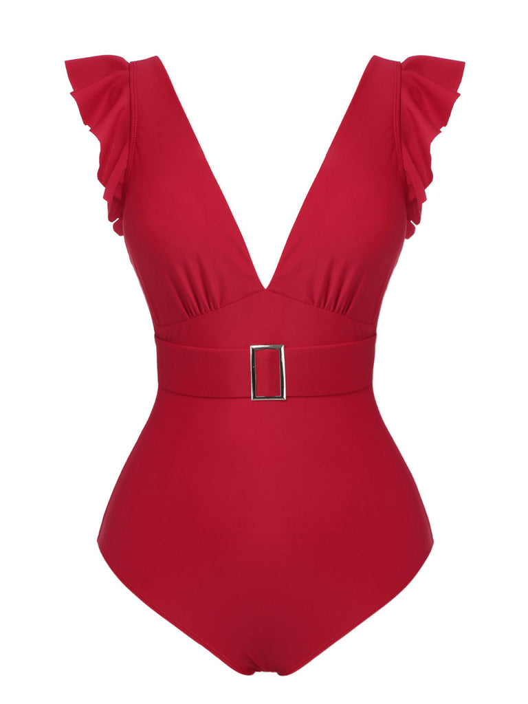 [Pré-vente] Maillot de bain rouge uni  à col en V profonddes avec ceinture années 1950