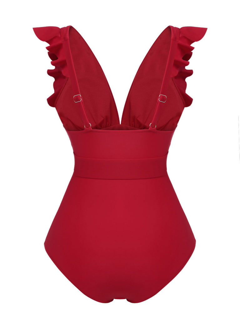 [Pré-vente] Maillot de bain rouge uni  à col en V profonddes avec ceinture années 1950