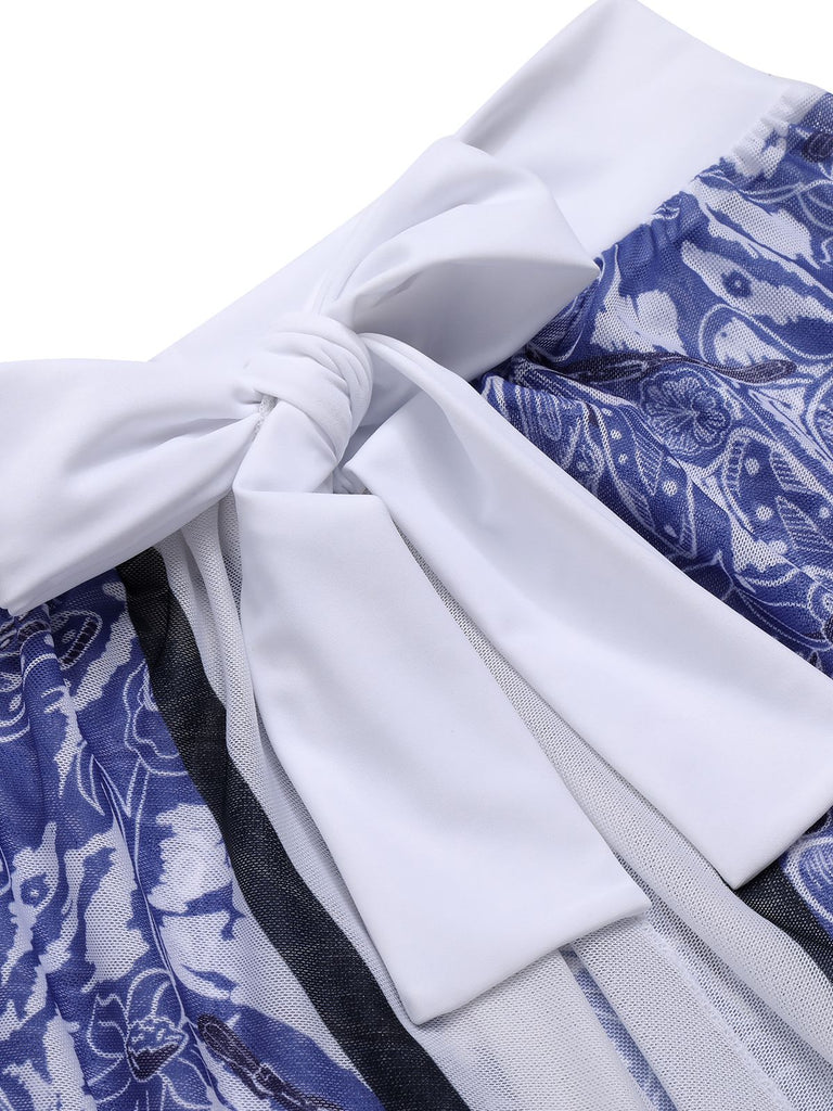 [Grande taille] Maillot de bain et cache-maillot en porcelaine bleue et blanche des années 60