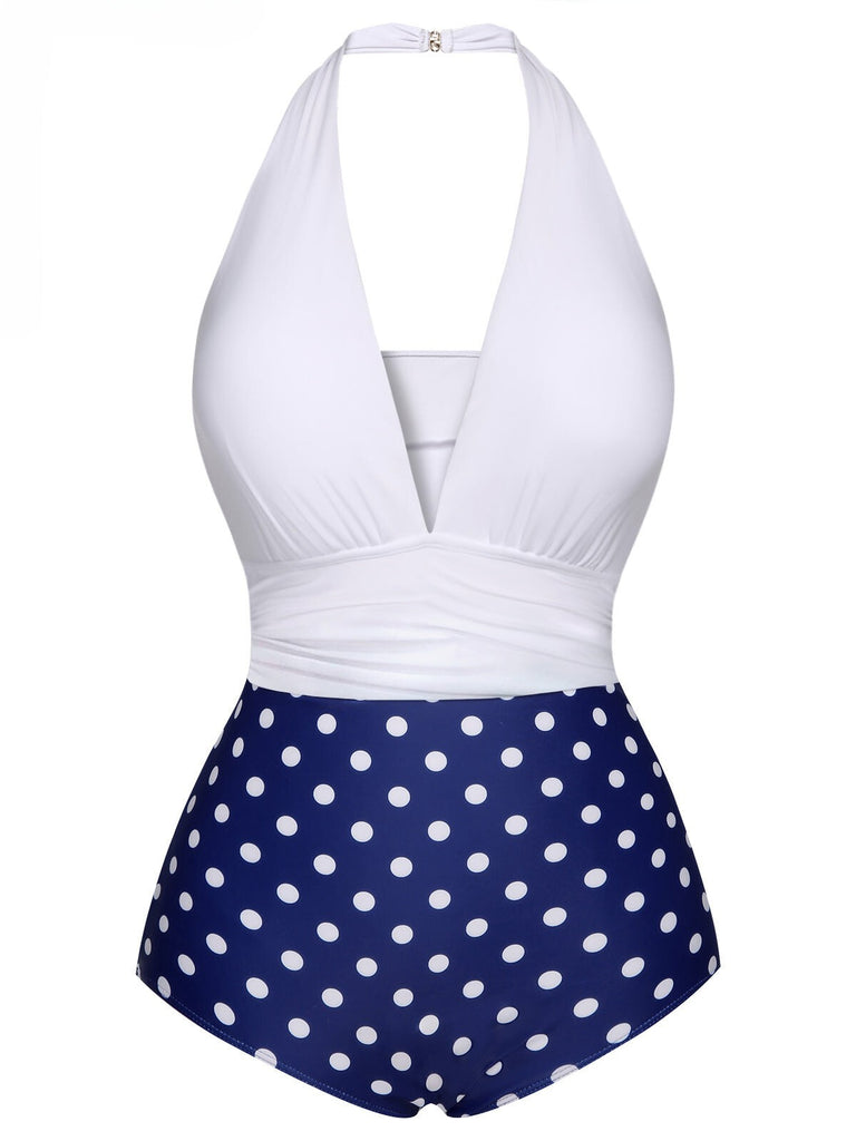 Maillot de bain dos nu bleu et blanc à pois des années 1950