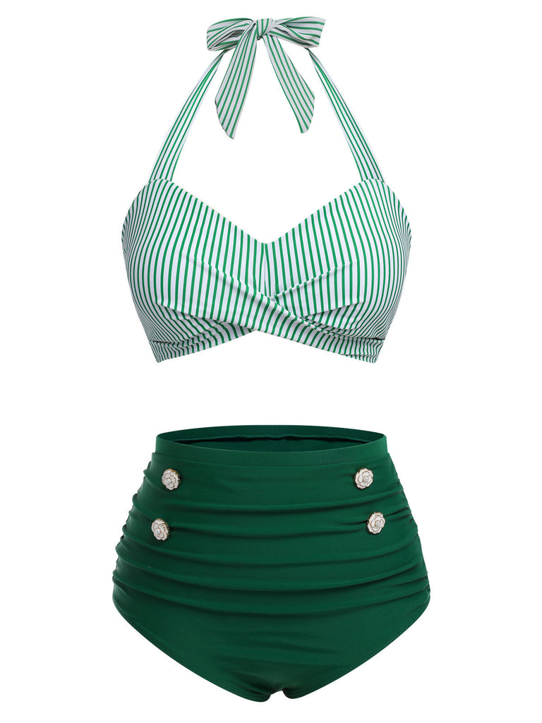 Ensemble de maillot de bain dos nu rayé rouge et bleu des années 1940