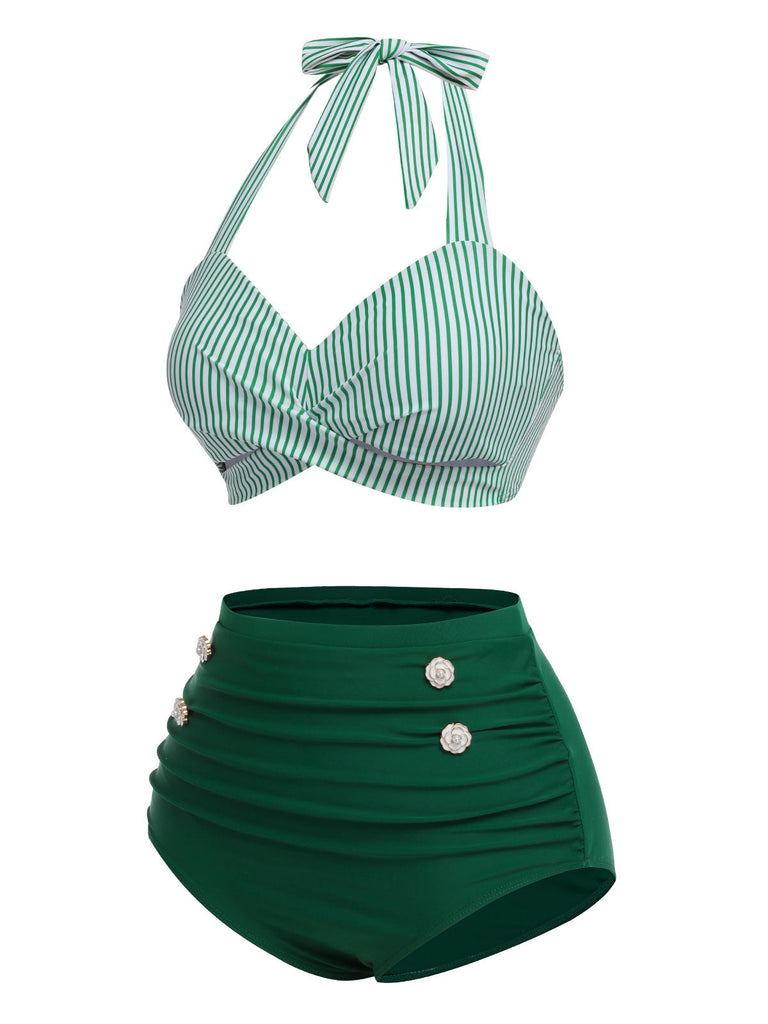 Ensemble de maillot de bain dos nu rayé rouge et bleu des années 1940
