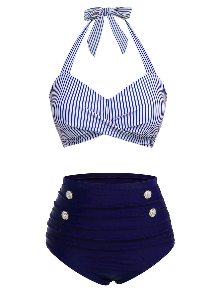 Ensemble de maillot de bain dos nu rayé rouge et bleu des années 1940