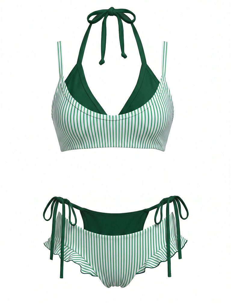 [Prévente] Ensemble Bikini Double Couche Halter à Carreaux avec Nœud Vert Années 1950