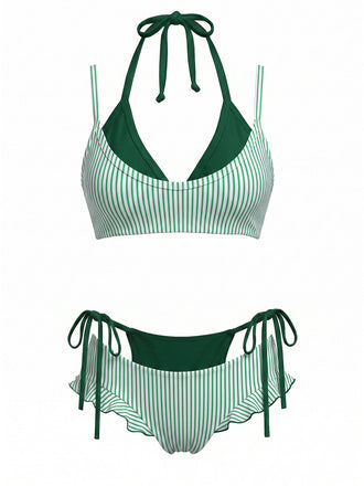 [Prévente] Ensemble Bikini Double Couche Halter à Carreaux avec Nœud Vert Années 1950