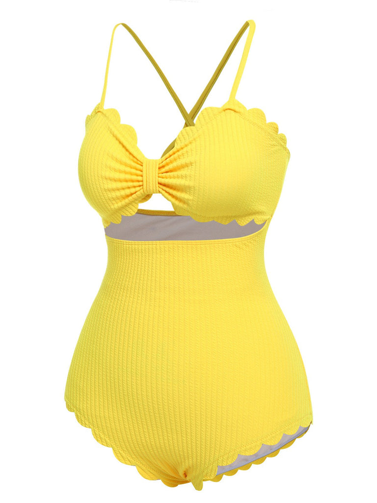 Maillot de bain une pièce jaune à bretelles spaghetti des années 1950