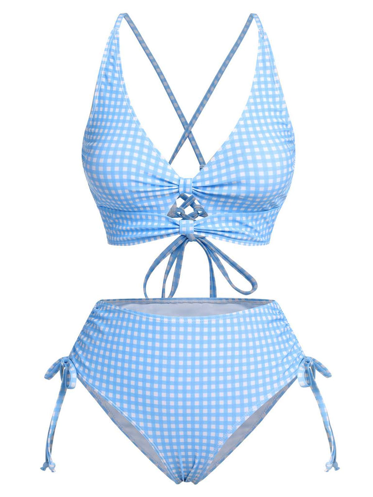 2PCS Maillot de bain à carreaux bleus des années 50