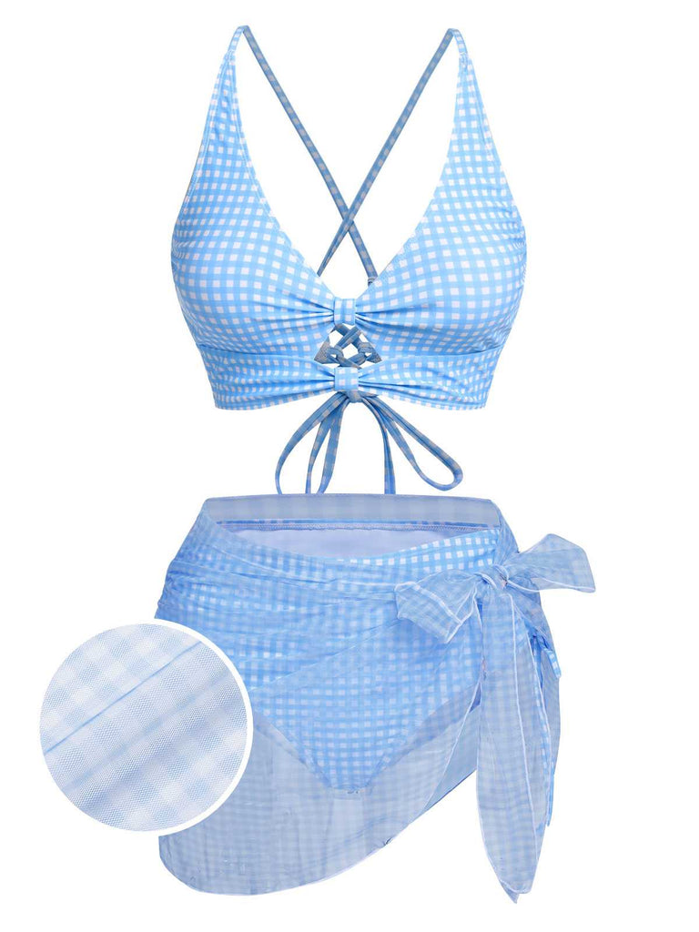 2PCS Maillot de bain à carreaux bleus des années 50