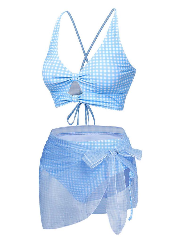 2PCS Maillot de bain à carreaux bleus des années 50