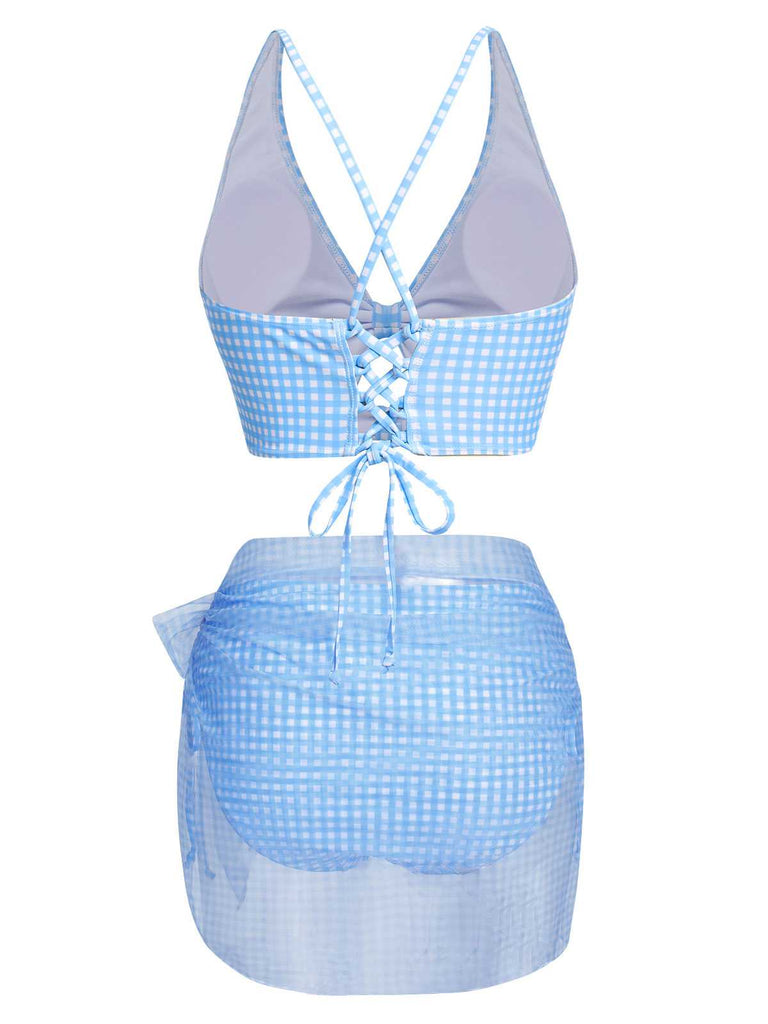 2PCS Maillot de bain à carreaux bleus des années 50 et cache-maillot en maille