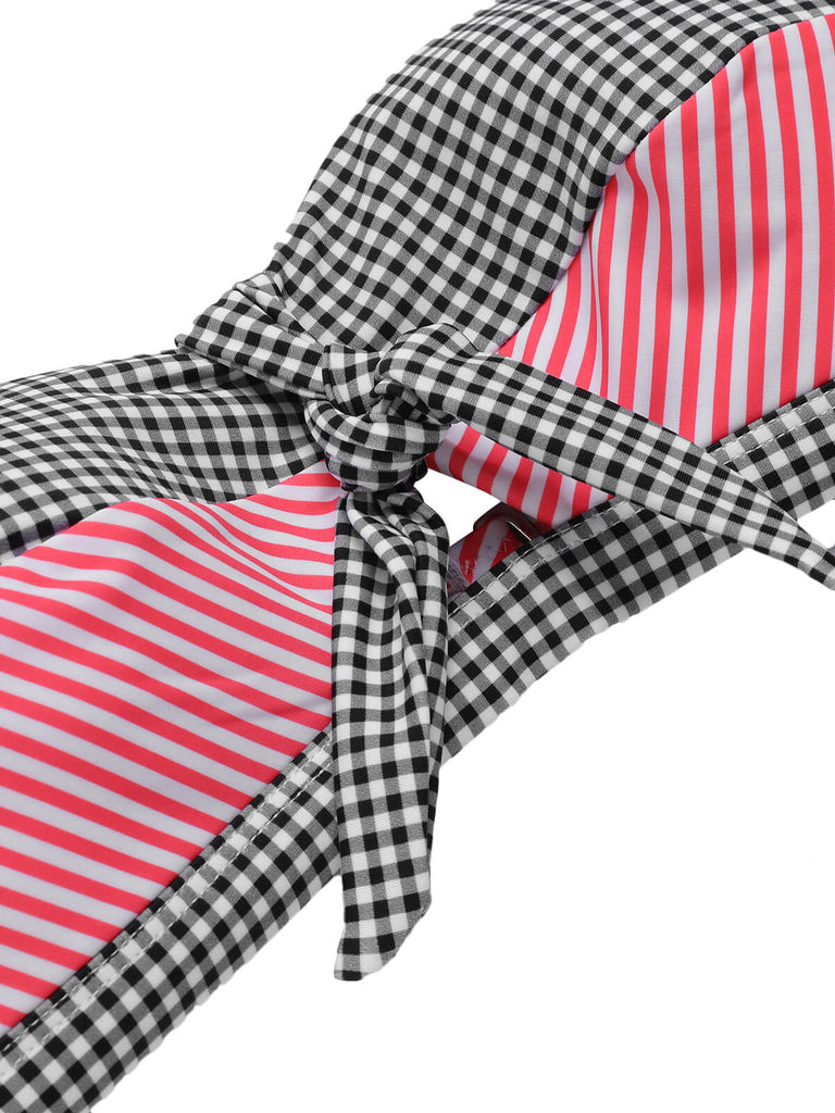 Maillot de bain licou rayé léopard patchwork des années 1950