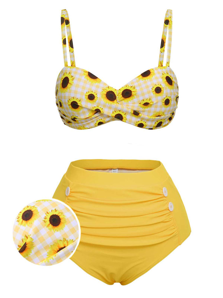 Maillot de bain tournesol jaune à bretelles spaghetti des années 1950