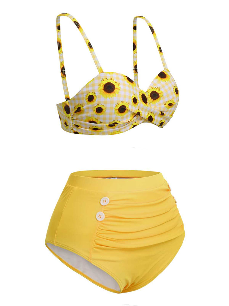 Maillot de bain tournesol jaune à bretelles spaghetti des années 1950