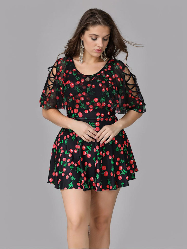[Grande Taille] Maillot de bain noir jupe motif cerises années 30
