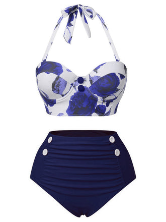 Maillot de bain bleu dos nu Roses des années 1940
