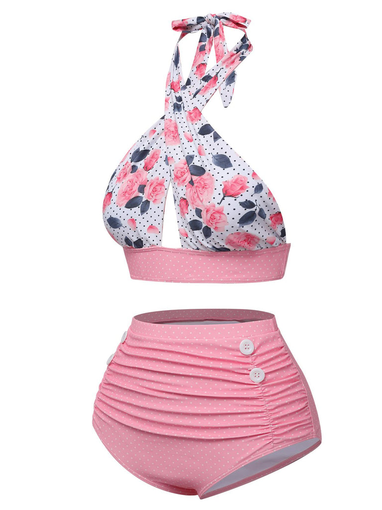 Maillot de Bain licou croisé à fleurs bleu des années 1940