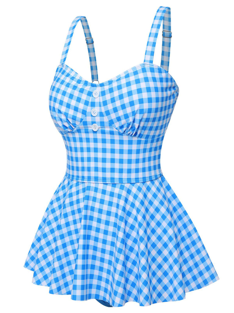 [Pré-vente] Maillot de bain bleu foncé à carreaux et bretelles des années 1950