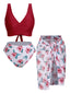 [Grande taille] Ensemble bikini vin rouge et cache-maillot floral des années 1930