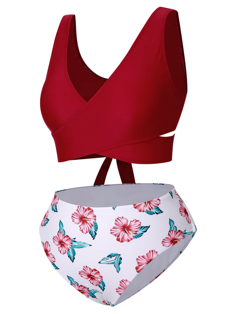 [Grande taille] Ensemble bikini vin rouge et cache-maillot floral des années 1930