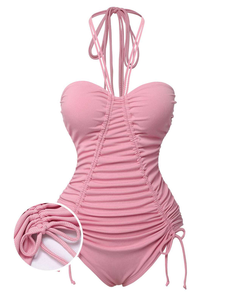 [Pré-vente] Maillot de bain dos nu plissé à lacets rose des années 1950