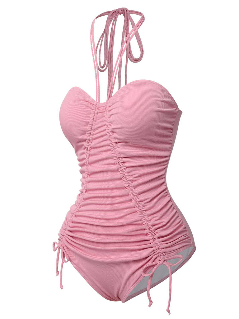 [Pré-vente] Maillot de bain dos nu plissé à lacets rose des années 1950