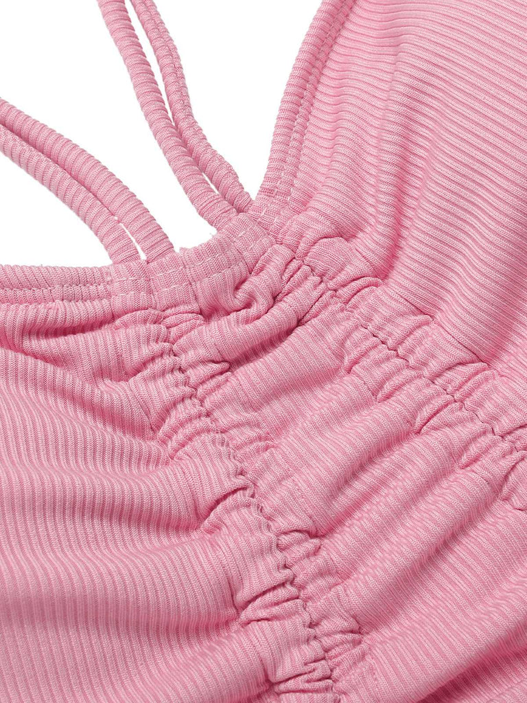 Maillot de bain dos nu plissé à lacets rose des années 1950
