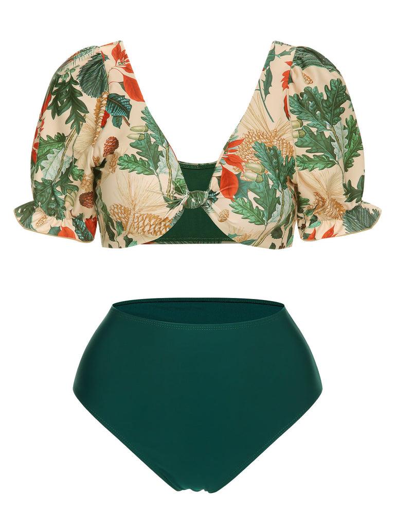 Ensemble bikini et cache maillot en patchwork de plantes tropicales des années 1950