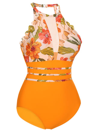 Maillot de bain une pièce floral orange des années 1960