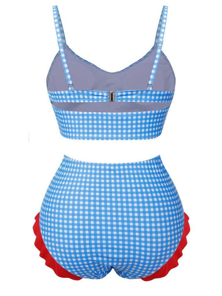 [Pré-vente] Maillot de bain bleu à carreaux et bretelles spaghetti des années 1950