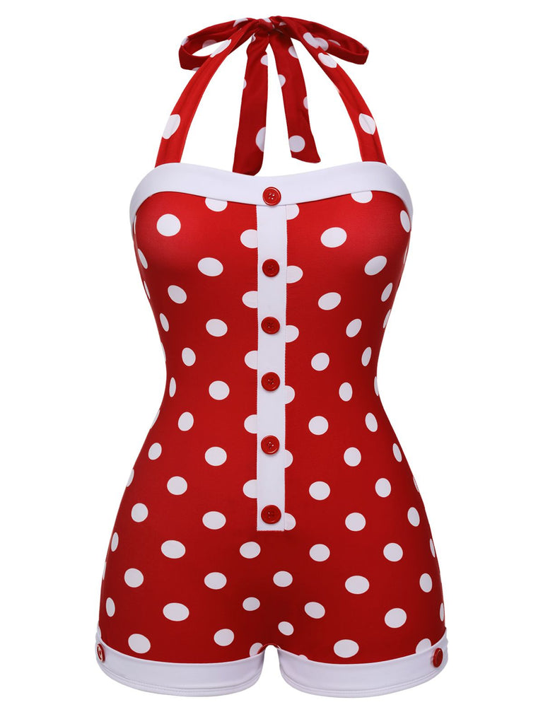 [Pré-vente] Maillot de bain dos nu patchwork à pois rouge des années 1950