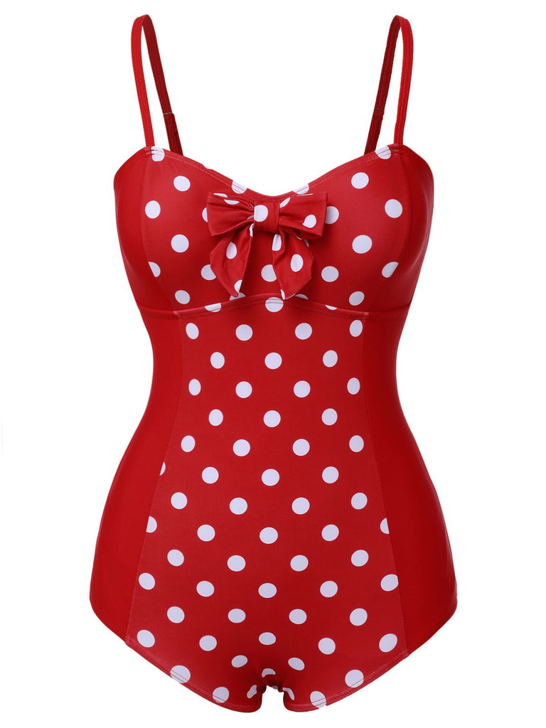 Maillot de bain rouge à bretelles patchwork à pois des années 1950