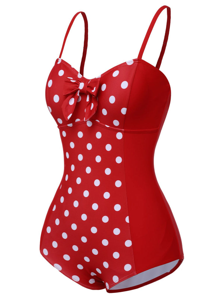 [Pré-vente] Maillot de bain rouge à bretelles patchwork à pois des années 1950