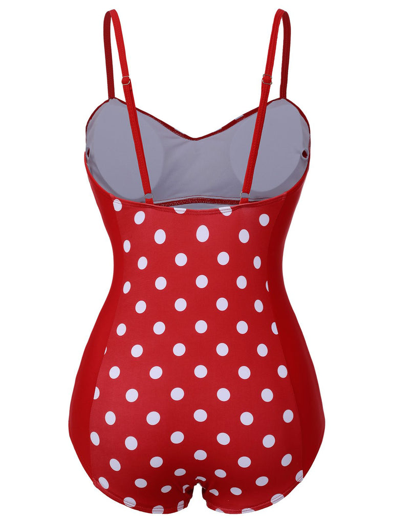 [Pré-vente] Maillot de bain rouge à bretelles patchwork à pois des années 1950